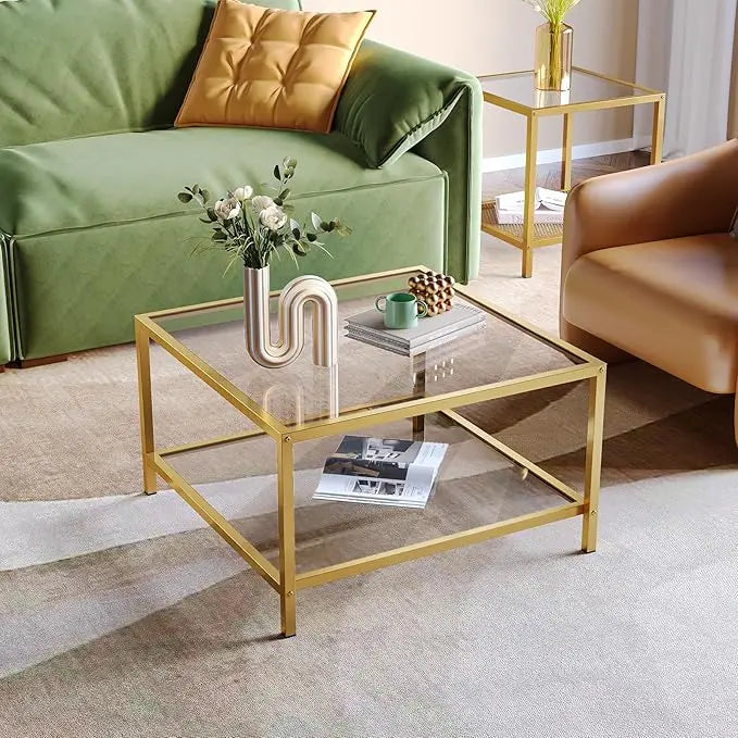 SAYGOER Glass Coffee Table with Storage 2-Tier Square Glass Center Table for Living Room Home Office with Gold Metal Frame Modern Table for Small Spaces - LeafyLoom