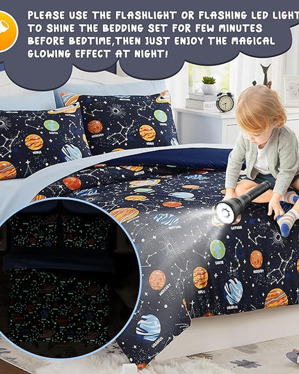 Full Size Comforter Sets - Bedding Sets Full 7 Pieces, Glow in The Dark Bed in A Bag Full, Lightweight Space Bedding Sets for Kids, Teens - LeafyLoom