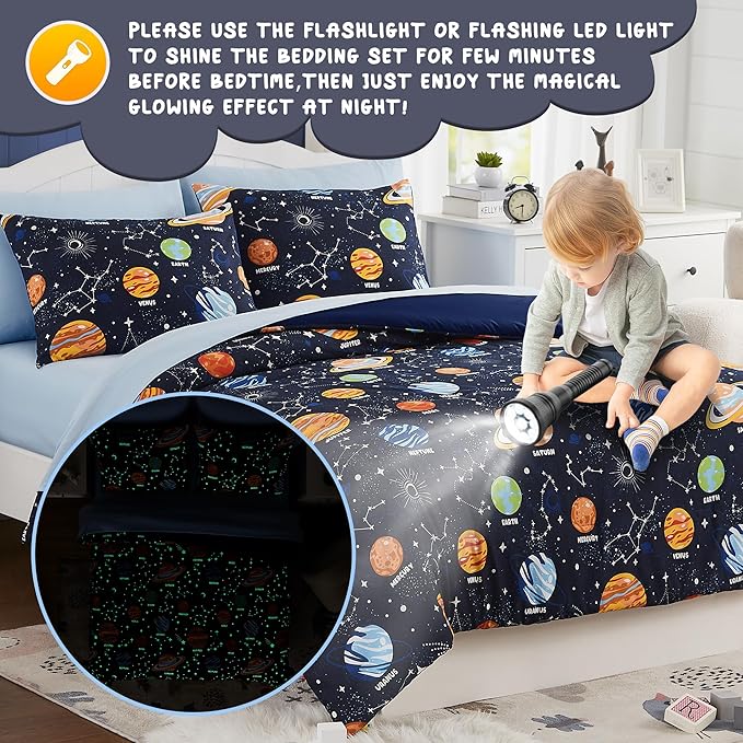 Full Size Comforter Sets - Bedding Sets Full 7 Pieces, Glow in The Dark Bed in A Bag Full, Lightweight Space Bedding Sets for Kids, Teens - LeafyLoom