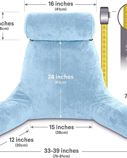 Husband Pillow XXL Sky Blue Backrest with Arms - Adult Reading Pillow Shredded Memory Foam, Ultra-Comfy Removable Microplush Cover, Detachable Neck Roll, Unmatched Support for Bed Rest Sit Up Pillow - LeafyLoom