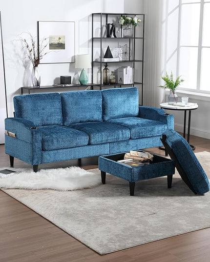 77.36" Modern Chenelle Polyester Sectional Sofa,L-Shaped Couch with Storage Ottoman,3 Seat Interior Furniture W/Pockets and Both Armrests Contain Cup Holders,for Dorm,Apartment,Teal - LeafyLoom