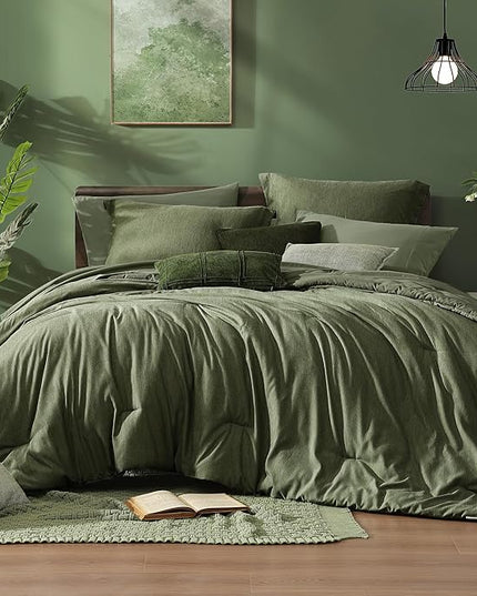 Monbix Full Size Comforter Set, Olive Green Bedding Comforter for Full Size Bed Set Reversible, Bedding Sets Full 7 Pieces, Cationic Dyeing Bed in a Bag with Comforter, Sheets, Pillowcases & Shams - LeafyLoom