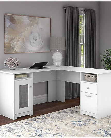 Bush Furniture Cabot L Shaped Computer Desk in White | Corner Table with Drawers and Storage for Personal Home Office Workspace - LeafyLoom