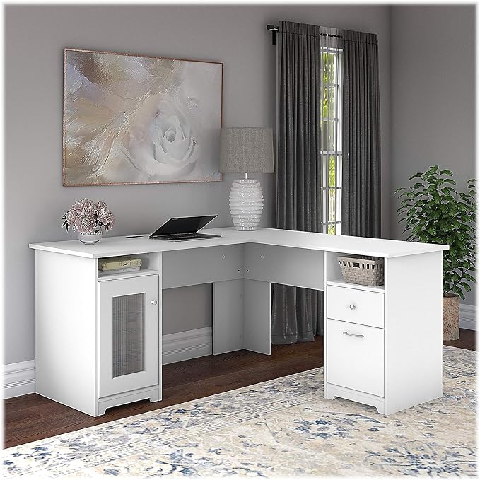 Bush Furniture Cabot L Shaped Computer Desk in White | Corner Table with Drawers and Storage for Personal Home Office Workspace - LeafyLoom