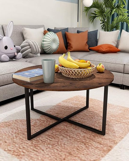 Round Coffee Table Kitchen Dining Table Modern Tea Table Office Conference Pedestal Desk Computer Study Desk Rustic Brown/Black - LeafyLoom