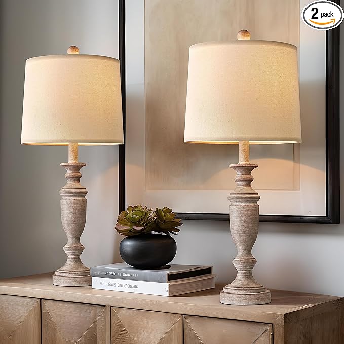 PORTRES 24.5" Classic Table Lamp Set of 2 for Bedroom Desk Lamps for Living Room Kids Room Study Room Office Rustic Table Lamps for End Table Resin - LeafyLoom