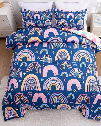 Btargot Lightweight Soft 3 Piece Rainbow Comforter Set with 2 Pillow Covers, Cartoon Love Hearts Suns and Stars Bedding Set for Girls Boys Kids, Queen Dark Blue - LeafyLoom