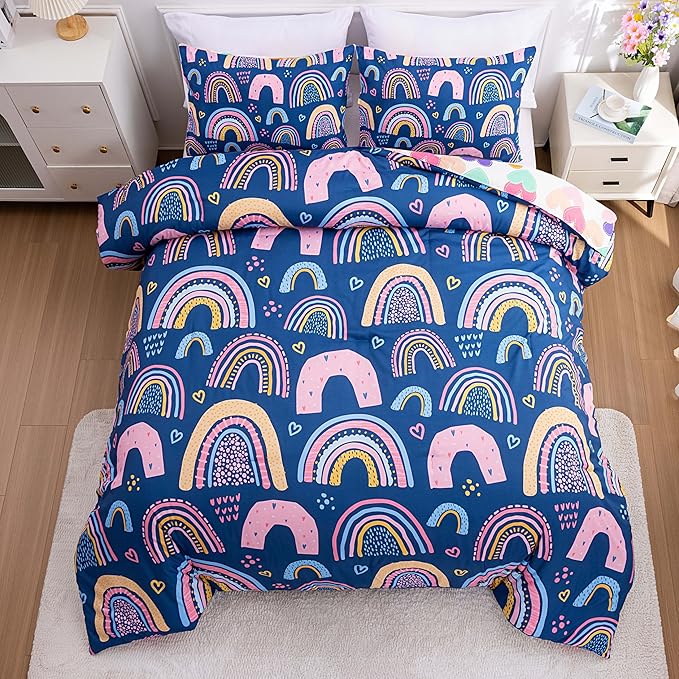 Btargot Lightweight Soft 3 Piece Rainbow Comforter Set with 2 Pillow Covers, Cartoon Love Hearts Suns and Stars Bedding Set for Girls Boys Kids, Queen Dark Blue - LeafyLoom