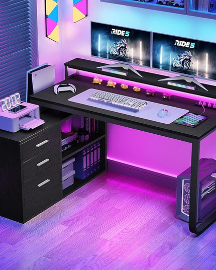 YITAHOME L Shaped Desk with 3 Drawers, 55" Corner Computer Desk with Power Outlets & LED Lights, L-Shaped Desk with File Cabinet for Home Office, Black - LeafyLoom