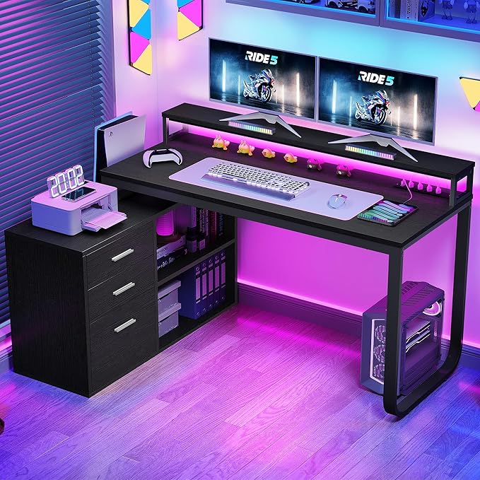 YITAHOME L Shaped Desk with 3 Drawers, 55" Corner Computer Desk with Power Outlets & LED Lights, L-Shaped Desk with File Cabinet for Home Office, Black - LeafyLoom
