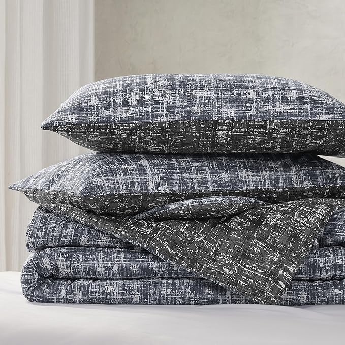 Hyde Lane Mens Full/Queen Comforter Set, Grey Modern Farmhouse Aesthetic Soft masculine Bedding, Plaid Lines Pattern Bed Sets for All Season, 3 Pieces includes 1 Comforter, 2 Shams (90"x 90") - LeafyLoom