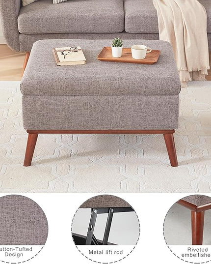 Tbfit Large Ottoman with Storage, 31.5-inch Mid Century Modern Rectangle Coffee Table with Lid Lifting Function and High Wooden Legs, Oversized Storage Ottomans for Living Room, Office Room - LeafyLoom