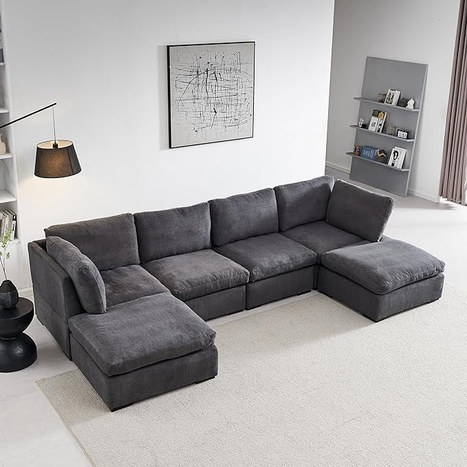 U Shaped Down Filled Oversized Cloud Couch with Double Chaise, Deep Seat Free Combination Convertible Corner Sectional Sofa Bed with Detachable Backrest and Wooden Legs for Living Room Office - LeafyLoom