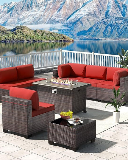 Kullavik 8 Pieces Outdoor Patio Furniture Set with 43" 55000BTU Gas Propane Fire Pit Table PE Wicker Rattan Sectional Sofa Patio Conversation Sets,Red - LeafyLoom