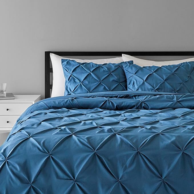 Amazon Basics All-Season Down-Alternative 3 Piece Comforter Bedding Set, King, Dark Teal, Pinch Pleat With Piped Edges - LeafyLoom