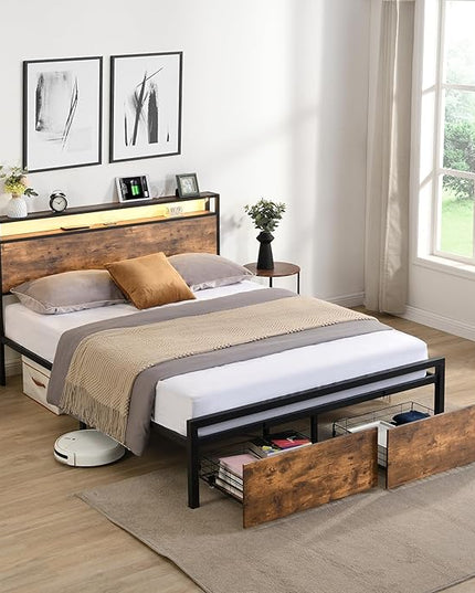 LED Bed Frame Full Size with LED Lights, USB Ports & Outlets, Full Bed Frame with Storage Headboard, Two Drawers, Industrial Style Platform Bed with Wooden Headboard, Metal Slats Supports - LeafyLoom
