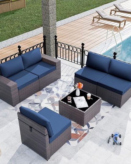 Patio Furniture Set Sofa 6pcs Wicker Sectional Sofa Set, Outdoor Furniture Rattan Patio Conversation Set with Thickened Cushions and Glass Coffee Table, Dark Blue - LeafyLoom