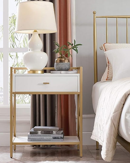 Leick Home 9069-WT Claudette Nightstand Side Table One Drawer Contemporary Fast Station A/C USB Charging Port Integrated Durable Solid Wood Metal Living Room Bedroom Office White/Gold, 24" x 18" x 30" - LeafyLoom