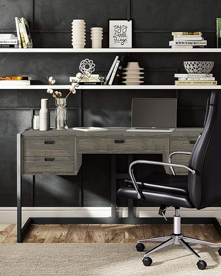 SIMPLIHOME Hampden SOLID ACACIA WOOD Modern Industrial 60 Inch Wide Desk in Weathered Grey, For the Office Desk, Writing Table, Workstation and Study Table - LeafyLoom