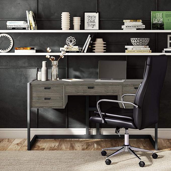 SIMPLIHOME Hampden SOLID ACACIA WOOD Modern Industrial 60 Inch Wide Desk in Weathered Grey, For the Office Desk, Writing Table, Workstation and Study Table - LeafyLoom