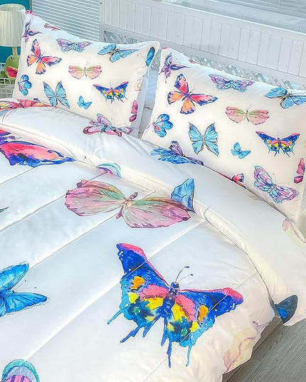 CVHOUSE Bedding Set, Queen, Butterfly Design for Girls Kids Teens, 1 Comforter and 2 Pillow Cases - LeafyLoom