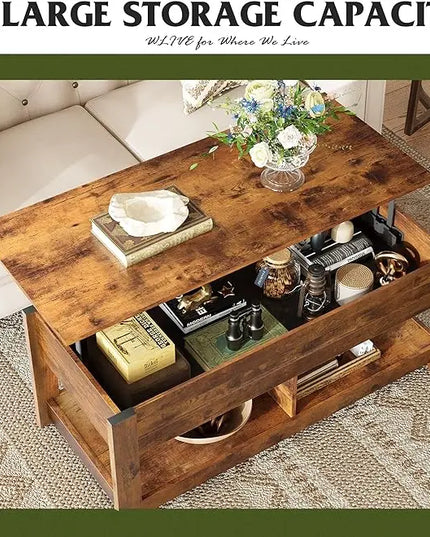 WLIVE Coffee Table, 47" Lift Top Coffee Table with Hidden Compartment and 2 Storage Shelves for Living Room, Rustic Brown - LeafyLoom