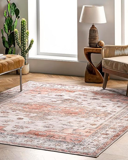 nuLOOM 8x10 Machine Washable Rain Haven Vintage Medallion Area Rug, Beige, Traditional Faded Design, Non-Slip Backing, Stain Resistant, For Bedroom, Dining Room, Living Room, Kitchen - LeafyLoom