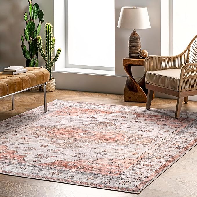 nuLOOM 8x10 Machine Washable Rain Haven Vintage Medallion Area Rug, Beige, Traditional Faded Design, Non-Slip Backing, Stain Resistant, For Bedroom, Dining Room, Living Room, Kitchen - LeafyLoom