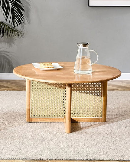 33.5" inch Round Coffee Table with Soild Wood Tabletop, Modern Coffee Table with Faux Rattan Weave & Solid Wood Bracket, for Living Room Bedroom - LeafyLoom