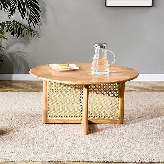 33.5" inch Round Coffee Table with Soild Wood Tabletop, Modern Coffee Table with Faux Rattan Weave & Solid Wood Bracket, for Living Room Bedroom - LeafyLoom