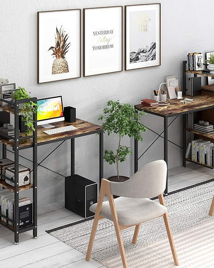 4NM 35" Small Computer Desk with 4-Tier Bookshelf, Home Office Desk Writing Workstation Study Table Multipurpose for Small Space Work - Rustic Brown and Black - LeafyLoom