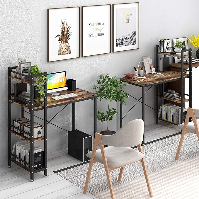 4NM 35" Small Computer Desk with 4-Tier Bookshelf, Home Office Desk Writing Workstation Study Table Multipurpose for Small Space Work - Rustic Brown and Black - LeafyLoom