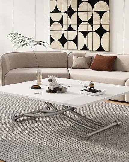 Multifunctional Folding Dining Table, Versatile Lift Top Coffee Table Convertible to Dining Table Height Adjustable Wooden Dinner Table with Metal legs Space Saving White - LeafyLoom