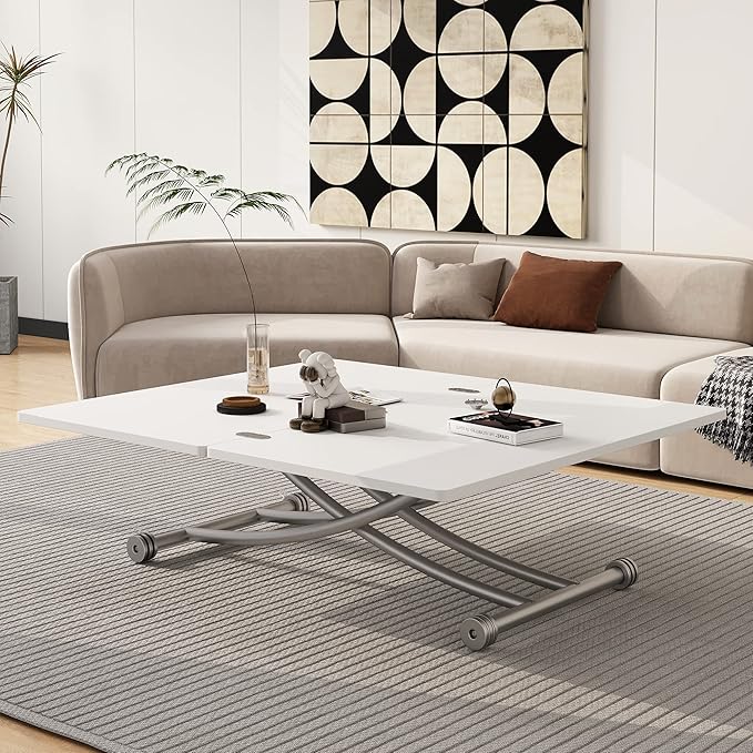 Multifunctional Folding Dining Table, Versatile Lift Top Coffee Table Convertible to Dining Table Height Adjustable Wooden Dinner Table with Metal legs Space Saving White - LeafyLoom