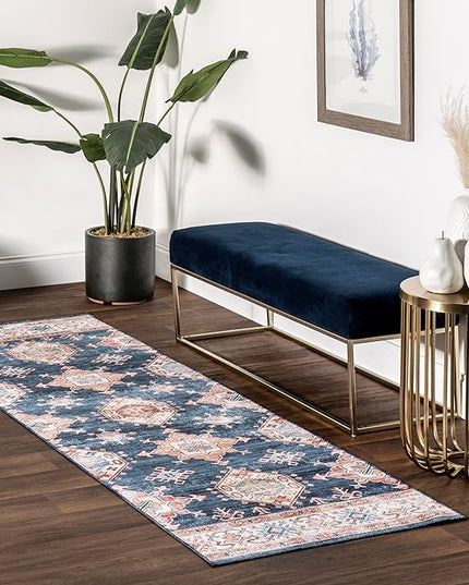 nuLOOM Finley Machine Washable Vintage Distressed Ultra Thin Runner Rug, 2' 6" x 8', Navy - LeafyLoom