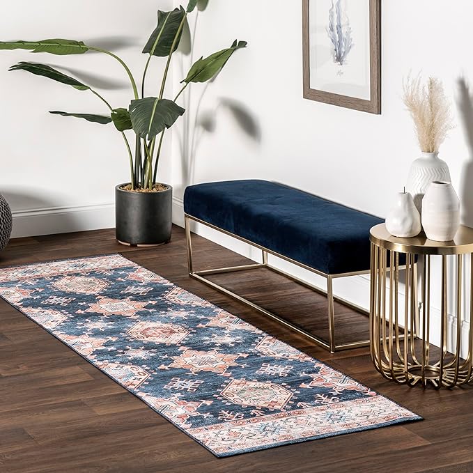 nuLOOM Finley Machine Washable Vintage Distressed Ultra Thin Runner Rug, 2' 6" x 8', Navy - LeafyLoom
