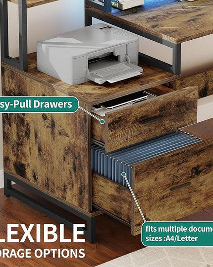 YITAHOME L Shaped Desk with Power Outlets & LED Lights, Reversible Computer Desk with Drawers & Hutch, Corner Desk Office Desk with Monitor Stand, Printer Stand, 2 Person Desk, Rustic Brown - LeafyLoom