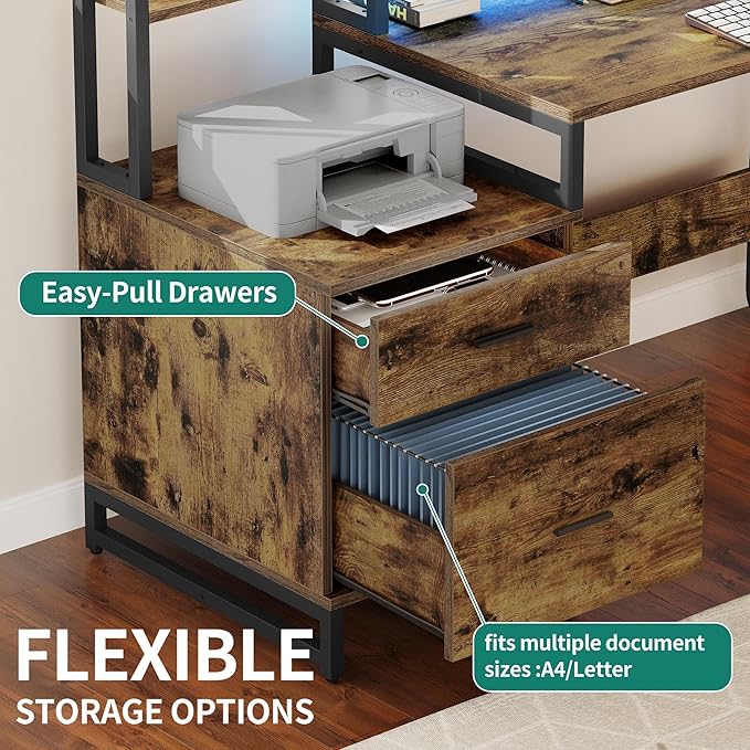 YITAHOME L Shaped Desk with Power Outlets & Hutch, Computer Desk with Drawers & LED Lights, Reversible Corner Office Desk with Printer Stand for Home Office, Rustic Brown - LeafyLoom