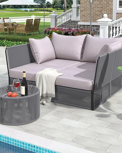 2-Piece Sunbed and Coffee Table, Patio Double Chaise Lounger Loveseat Daybed Outdoor Furniture Set for Backyard Poolside Lawn Balcony, Full, Ac-Grey - LeafyLoom