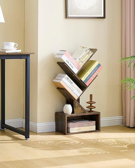 Hoctieon 3 Tier Tree Bookshelf, Small Bookcase with Drawer, Desktop Book Shelf, Display Floor Standing Storage Shelf, Book Organizer Shelves for Home Office, Rustic Brown - LeafyLoom