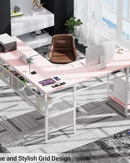 Reversible L Shaped Gaming Desk, Large Corner Computer Desks with Power Outlets and USB Ports, Sturdy Home Office Table with Storage Shelf, Attractive Grid Design Writing Desk, Pink - LeafyLoom