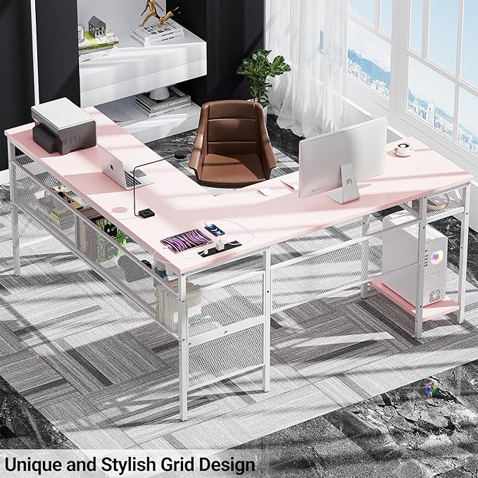 Reversible L Shaped Gaming Desk, Large Corner Computer Desks with Power Outlets and USB Ports, Sturdy Home Office Table with Storage Shelf, Attractive Grid Design Writing Desk, Pink - LeafyLoom