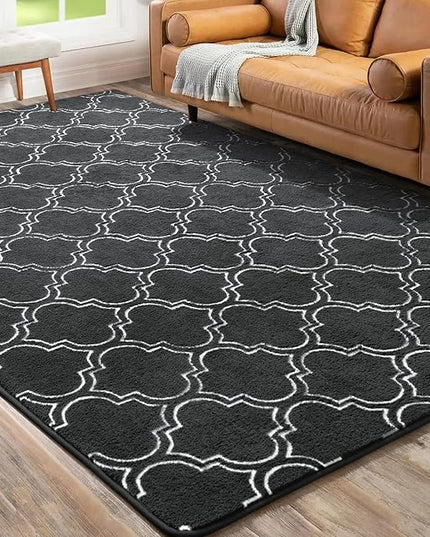 Chicrug Shag Geometric Modern Area Rug for Bedroom, 4x6 Feet Memory Foam Indoor Carpet, Fluffy Rug for Living room Bedside Room Decor for Family Girls Kids Nursery Play Mat, Dark Grey/White - LeafyLoom