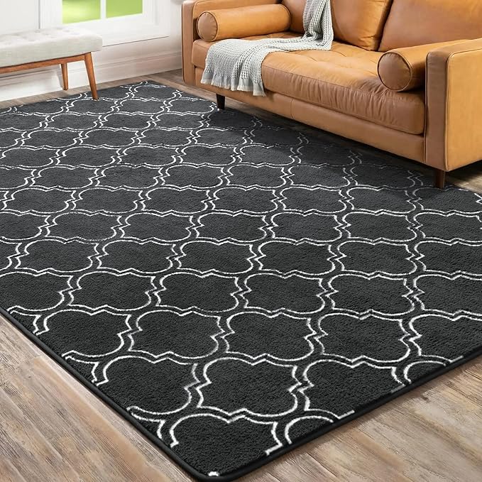 Chicrug Shag Geometric Modern Area Rug for Bedroom, 4x6 Feet Memory Foam Indoor Carpet, Fluffy Rug for Living room Bedside Room Decor for Family Girls Kids Nursery Play Mat, Dark Grey/White - LeafyLoom