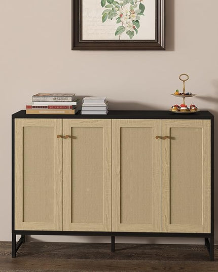 Panana Sideboard Accent Storage Cabinet with Rattan Decorated 4 Doors Dining Room Freestanding Kitchen Buffet Table Cupboard (Black) - LeafyLoom
