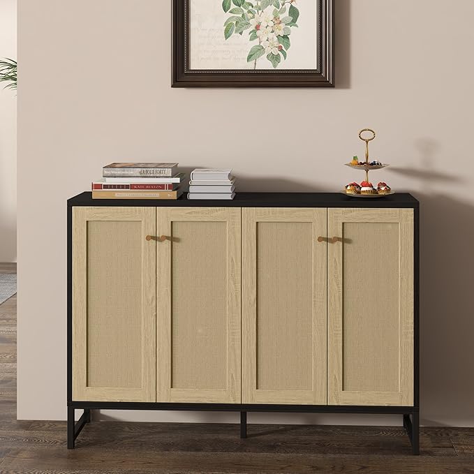 Panana Sideboard Accent Storage Cabinet with Rattan Decorated 4 Doors Dining Room Freestanding Kitchen Buffet Table Cupboard (Black) - LeafyLoom