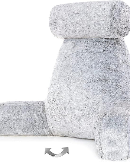 Husband Pillow XXL Rare Baby Arctic Grey Wolf Backrest, Two-Tone Reversible Double Sided Fabulous Faux Fur Reading & Bed Rest Pillow with Arms & Neck Roll, Adjustable Memory Foam - Extremely Comfy - LeafyLoom