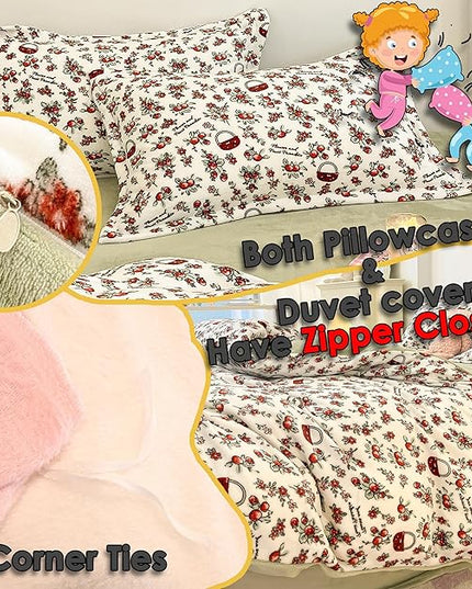 MorroMorn Queen Duvet Cover, Red Cherries Floral Bedding Sets, Plush Fluffy Comforter Covers Set, Down Alternative Blanket Ultra Soft Kawaii Cute for Girls Kids Teen Women Full Double Size - LeafyLoom