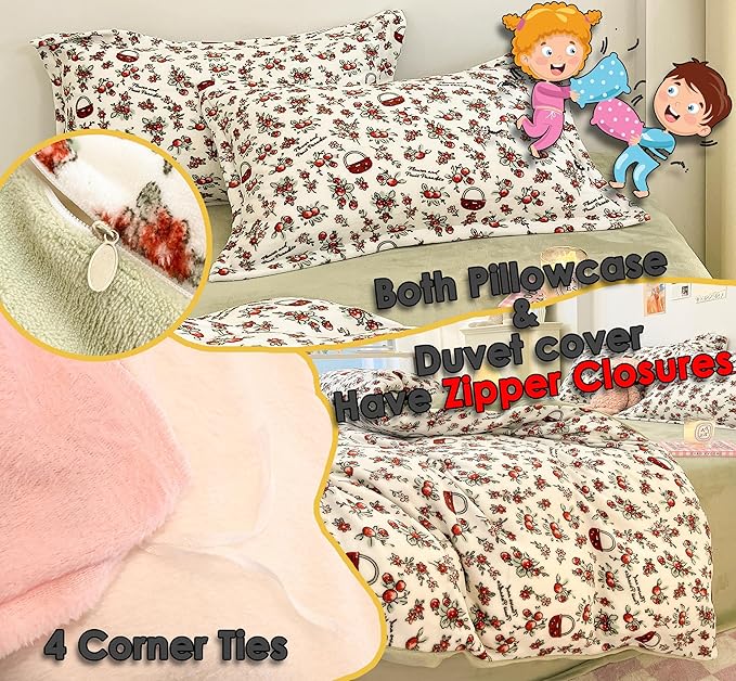 MorroMorn Queen Duvet Cover, Red Cherries Floral Bedding Sets, Plush Fluffy Comforter Covers Set, Down Alternative Blanket Ultra Soft Kawaii Cute for Girls Kids Teen Women Full Double Size - LeafyLoom
