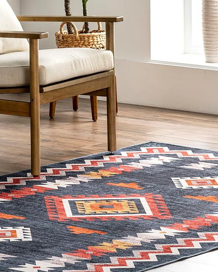 nuLOOM Jayde Machine Washable Southwestern Diamond Ultra Thin Area Rug, 5x8, Navy - LeafyLoom